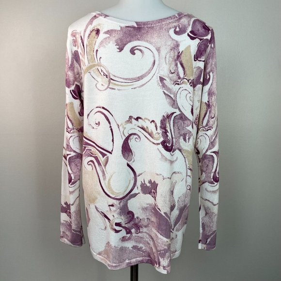 Chico's 1 Women's Medium Sweater Purple White Cream Paisley Bateau Neck Pullover - Picture 7 of 15